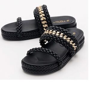 Cecelia New York Penny Leather Braided Chained Gold Slide Sandal